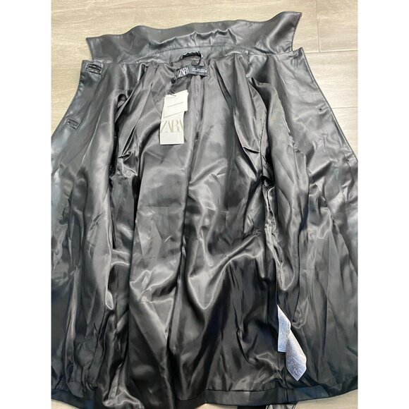 Zara Black Faux Leather Short Trench Water Repellent Jacket Women’s Size Small - Picture 5 of 13
